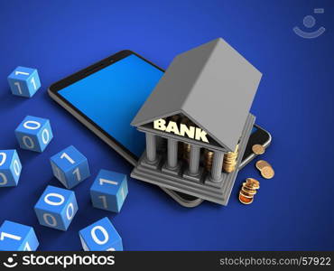 3d illustration of mobile phone over blue background with binary cubes and bank. 3d blue