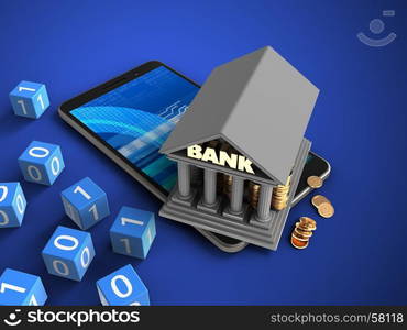 3d illustration of mobile phone over blue background with binary cubes and bank. 3d mobile phone