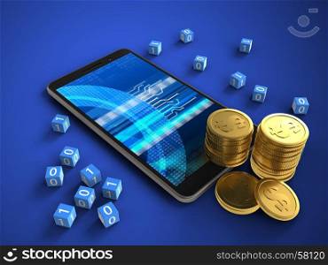 3d illustration of mobile phone over blue background with binary cubes and coins. 3d cyber