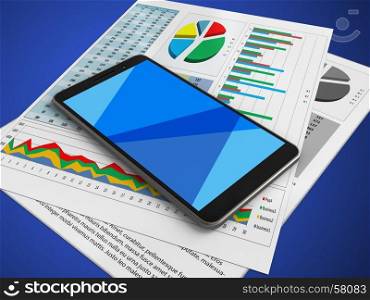 3d illustration of mobile phone over blue background with business papers and. 3d blank
