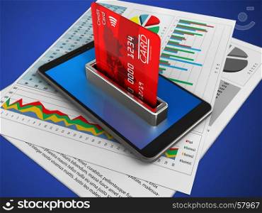 3d illustration of mobile phone over blue background with business papers and bank card. 3d mobile phone
