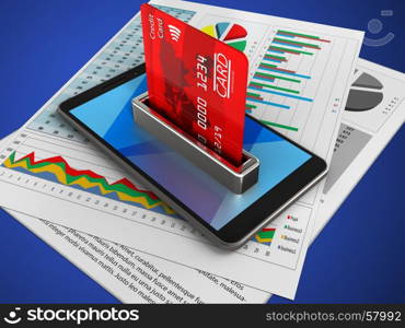 3d illustration of mobile phone over blue background with business papers and bank card. 3d mobile phone