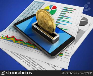 3d illustration of mobile phone over blue background with business papers and bitcoin. 3d cyan