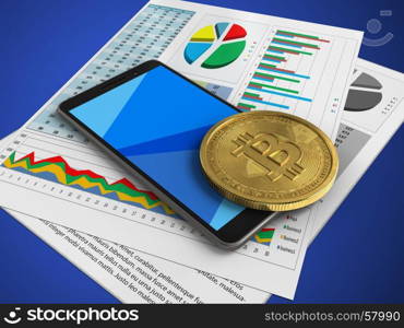3d illustration of mobile phone over blue background with business papers and bitcoin. 3d business papers