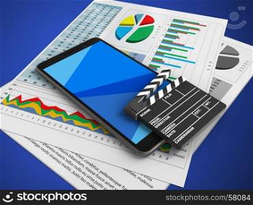 3d illustration of mobile phone over blue background with business papers and cinema clap. 3d cinema clap