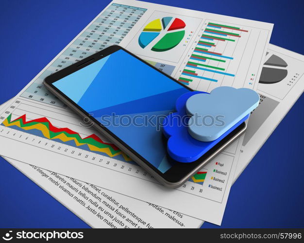 3d illustration of mobile phone over blue background with business papers and clouds. 3d cyan