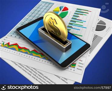 3d illustration of mobile phone over blue background with business papers and coin. 3d business papers