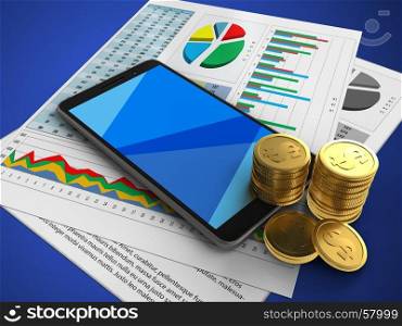 3d illustration of mobile phone over blue background with business papers and coins. 3d cyan