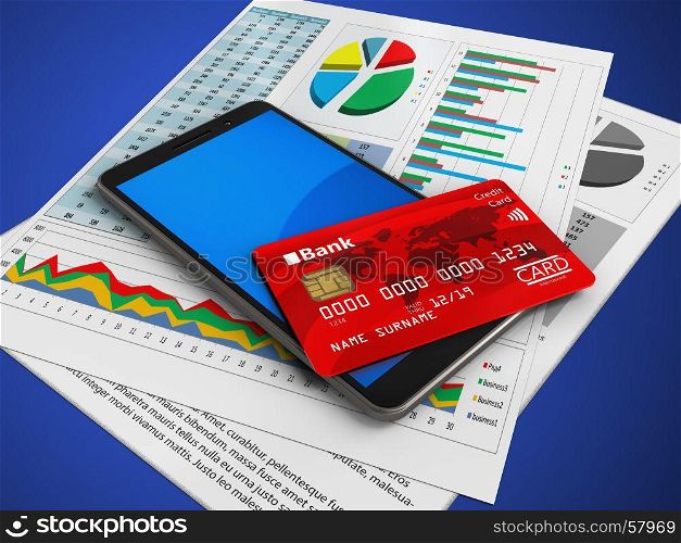 3d illustration of mobile phone over blue background with business papers and credit card. 3d mobile phone