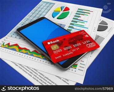 3d illustration of mobile phone over blue background with business papers and credit card. 3d mobile phone