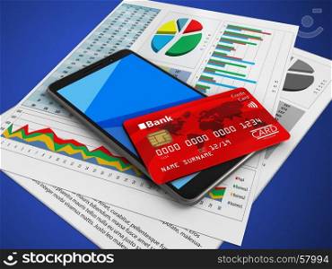 3d illustration of mobile phone over blue background with business papers and credit card. 3d credit card