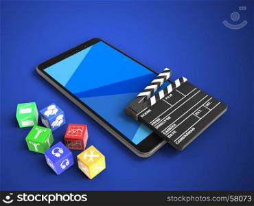 3d illustration of mobile phone over blue background with cubes and cinema clap. 3d cyan