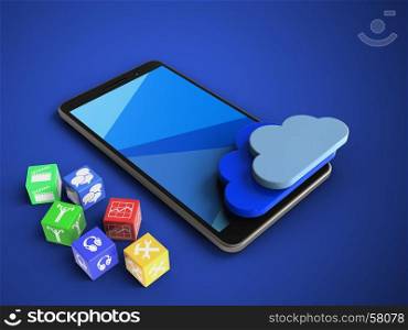 3d illustration of mobile phone over blue background with cubes and clouds. 3d cyan