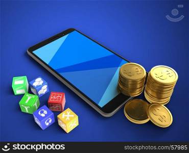 3d illustration of mobile phone over blue background with cubes and coins. 3d cubes