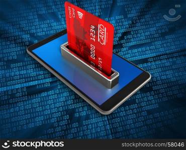 3d illustration of mobile phone over digital background with bank card. 3d blue