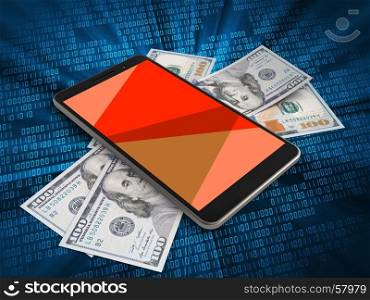 3d illustration of mobile phone over digital background with banknotes and. 3d mobile phone
