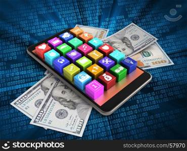 3d illustration of mobile phone over digital background with banknotes and application icons. 3d application icons