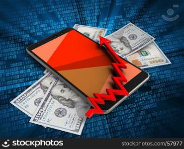 3d illustration of mobile phone over digital background with banknotes and arrow chart. 3d mobile phone