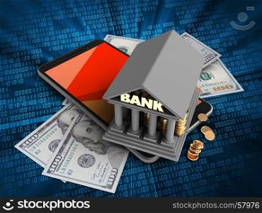3d illustration of mobile phone over digital background with banknotes and bank. 3d red