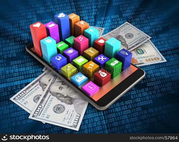 3d illustration of mobile phone over digital background with banknotes and colorful icons. 3d red