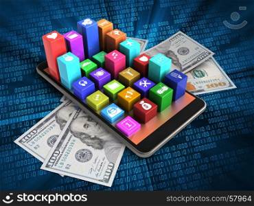 3d illustration of mobile phone over digital background with banknotes and colorful icons. 3d red