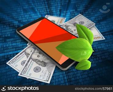 3d illustration of mobile phone over digital background with banknotes and leaf. 3d leaf