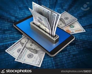 3d illustration of mobile phone over digital background with banknotes and money. 3d mobile phone