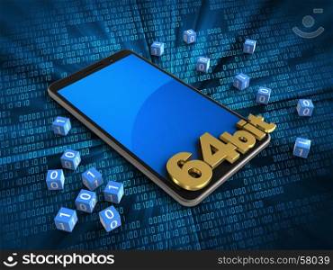 3d illustration of mobile phone over digital background with binary cubes and 64 bit sign. 3d blue