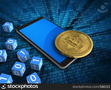 3d illustration of mobile phone over digital background with binary cubes and bitcoin. 3d bitcoin