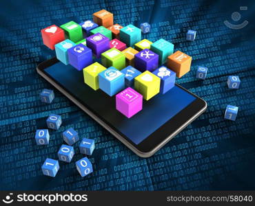 3d illustration of mobile phone over digital background with binary cubes and icons. 3d blue