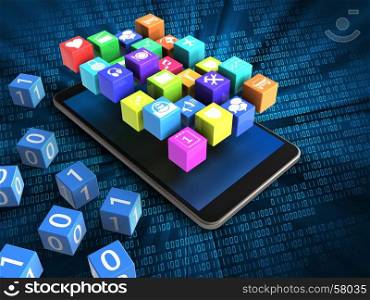 3d illustration of mobile phone over digital background with binary cubes and icons. 3d icons