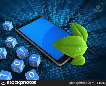 3d illustration of mobile phone over digital background with binary cubes and leaf. 3d leaf