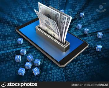 3d illustration of mobile phone over digital background with binary cubes and money. 3d mobile phone