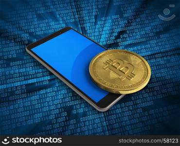 3d illustration of mobile phone over digital background with bitcoin. 3d bitcoin