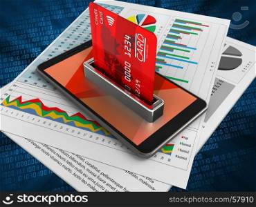 3d illustration of mobile phone over digital background with business papers and bank card. 3d business papers