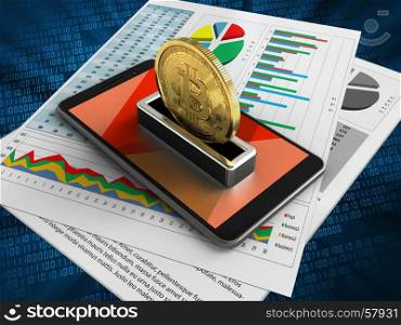 3d illustration of mobile phone over digital background with business papers and bitcoin. 3d red