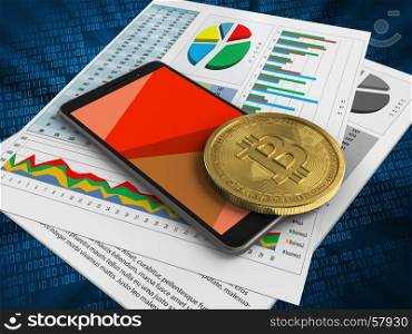 3d illustration of mobile phone over digital background with business papers and bitcoin. 3d mobile phone