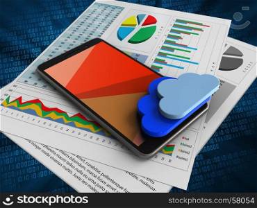 3d illustration of mobile phone over digital background with business papers and clouds. 3d clouds