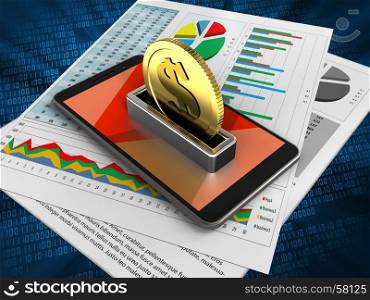 3d illustration of mobile phone over digital background with business papers and coin. 3d red