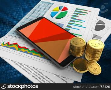 3d illustration of mobile phone over digital background with business papers and coins. 3d mobile phone