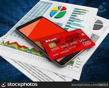 3d illustration of mobile phone over digital background with business papers and credit card. 3d business papers