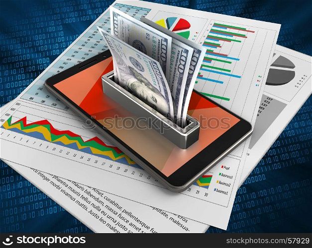 3d illustration of mobile phone over digital background with business papers and money. 3d money