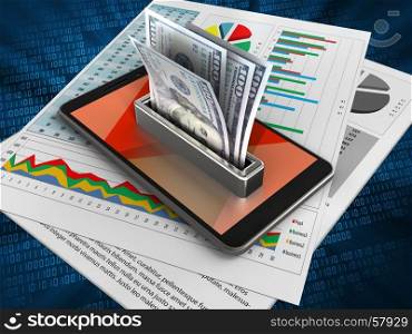 3d illustration of mobile phone over digital background with business papers and money. 3d money