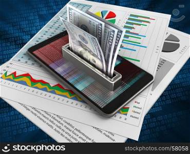 3d illustration of mobile phone over digital background with business papers and money. 3d business papers
