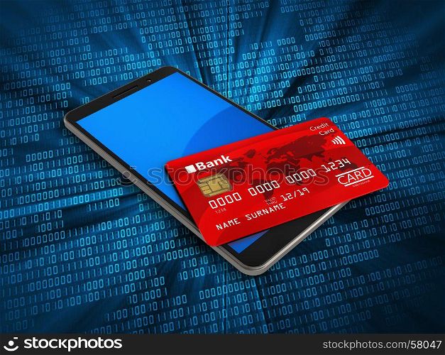 3d illustration of mobile phone over digital background with credit card. 3d mobile phone