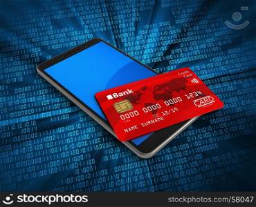 3d illustration of mobile phone over digital background with credit card. 3d mobile phone
