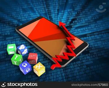 3d illustration of mobile phone over digital background with cubes and arrow chart. 3d cubes