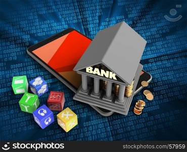 3d illustration of mobile phone over digital background with cubes and bank. 3d mobile phone
