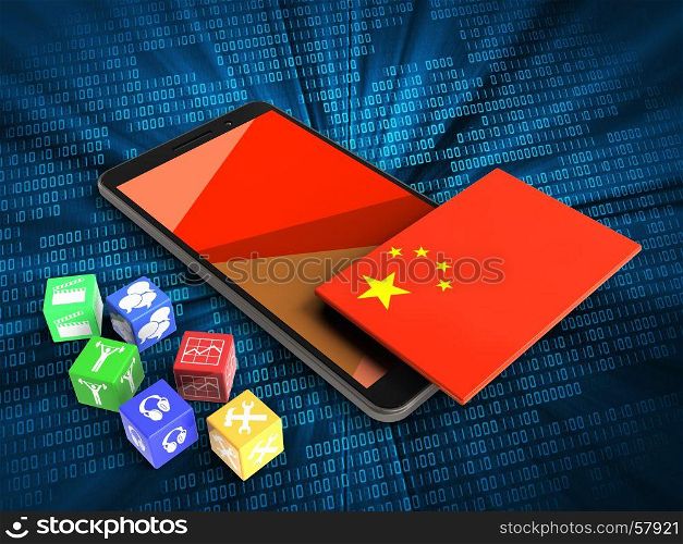 3d illustration of mobile phone over digital background with cubes and china flag. 3d cubes