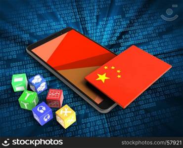 3d illustration of mobile phone over digital background with cubes and china flag. 3d cubes